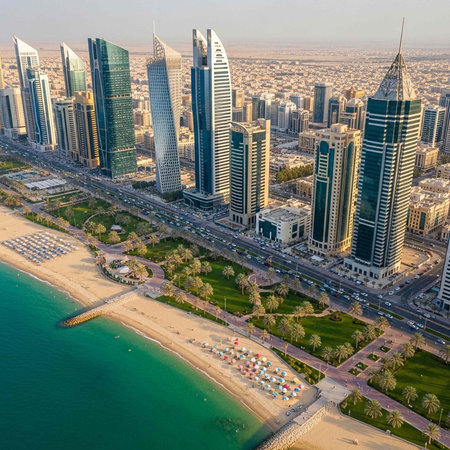 Aerial view of a modern city with sleek skyscrapers, sandy beach, and palm trees by turquoise water