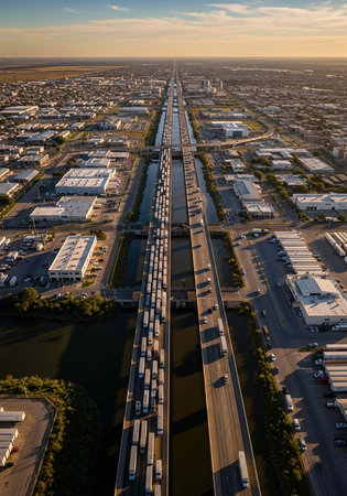 Aerial perspective of a busy highway with trucks and cars, surrounded by industrial buildings and trees.の写真素材
