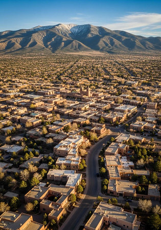 Aerial view of a desert town with snow-capped mountains, residential buildings, and treesの写真素材
