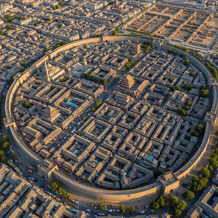 Aerial view of a circular city with beige buildings, green trees, and a large wall