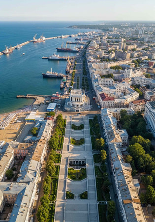 Aerial view of a coastal city with a large harbor, buildings, trees, and a waterfront promenade.の写真素材