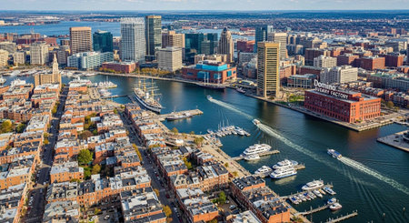 Cityscape with a harbor, boats, and skyscrapers under a clear blue skyの写真素材