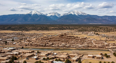 Small desert town with adobe buildings, surrounded by mountains and river under cloudy skyの写真素材