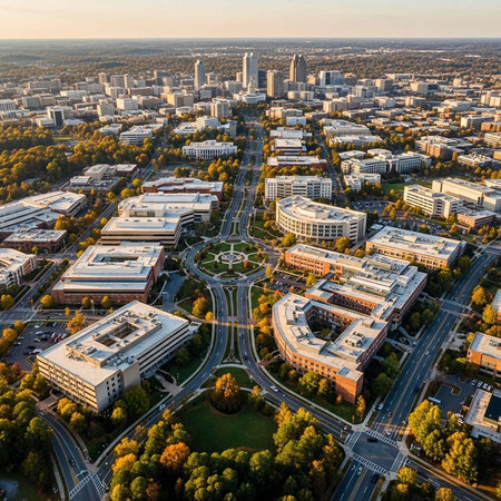 Aerial perspective of a city with modern buildings, roads, and trees displaying autumn colors.の写真素材