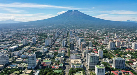 City with many buildings and trees under a large mountain with blue sky and clouds