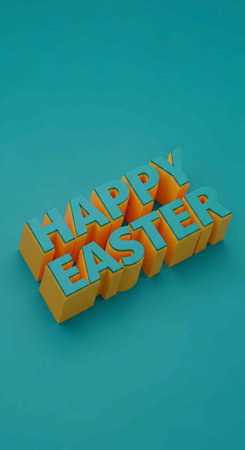 Vibrant 3D Happy Easter message in teal and yellow on a solid teal background