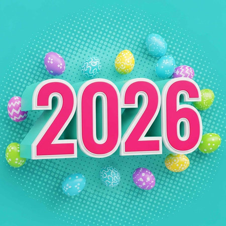 Vibrant Easter eggs in various colors and patterns surround large pink 2026 text on teal