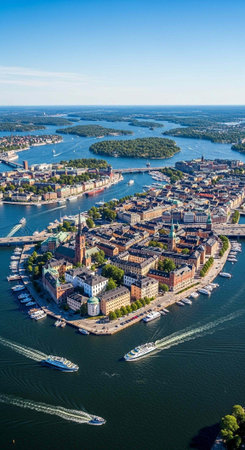 Aerial view of a coastal town with buildings, boats, and waterways under a clear blue skyの写真素材