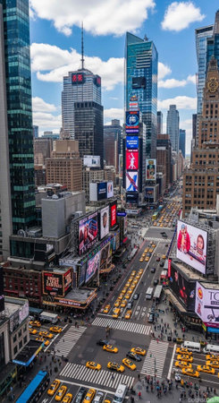 Aerial view of a bustling city street with skyscrapers, billboards, and yellow taxis on a cloudy day