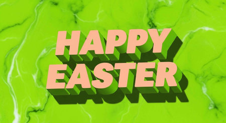A bright green marble background with 3D rendered Happy Easter text in large, bold, pastel pink...