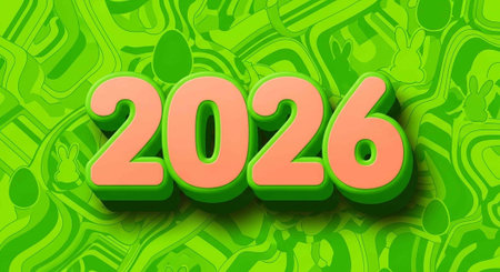 A bright green abstract patterned background with large pink 3D text reading 2026.