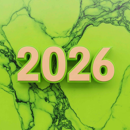 A bright green marble surface with dark veins and large beige text reading 2026.