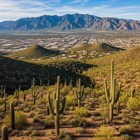 Aerial view of a desert landscape with numerous cacti, mountains, and a cityscape in the background under a blue sky with wispy clouds.の写真素材