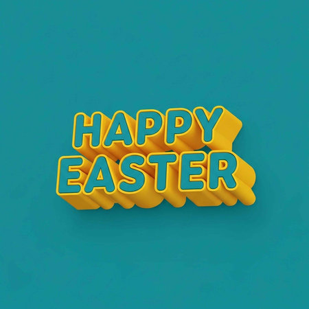 A vibrant 3D Easter greeting with "HAPPY EASTER" in teal letters outlined in yellow, set against a solid teal background.の写真素材