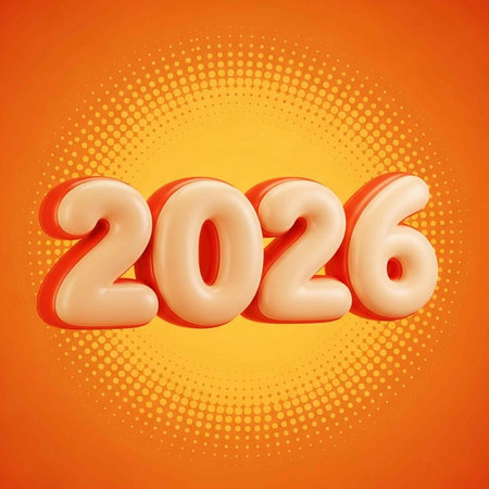 A bright orange background features large, 3D-style numbers "2026" in a light orange hue, surrounded by a dotted circle design that gradates from dark to light orange.の写真素材