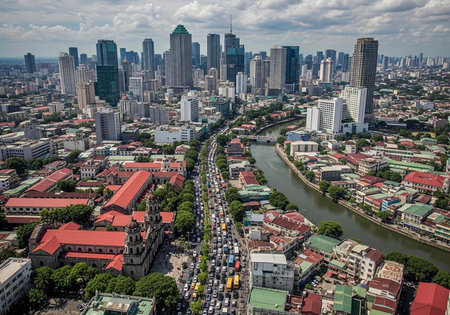 Aerial view of a city with a river, featuring a mix of high-rise buildings, red-roofed structures, and lush greenery, with a busy road and traffic.の写真素材
