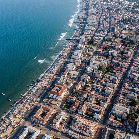Aerial view of a coastal city with a long stretch of buildings, roads, and a beach along the ocean, featuring various structures and vehicles.の写真素材