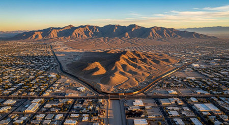 Aerial photograph of a desert city with a large mountain range in the background, surrounded by...