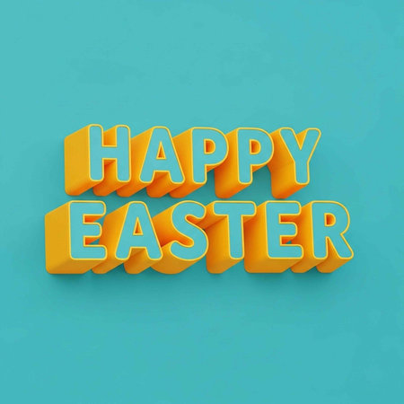 Vibrant 3D text "HAPPY EASTER" in yellow and blue on a solid teal background, creating a festive Easter greeting.の写真素材