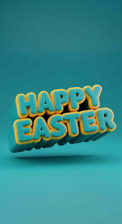 A 3D rendering of HAPPY EASTER in teal letters with yellow outline, casting a shadow on a gradient...