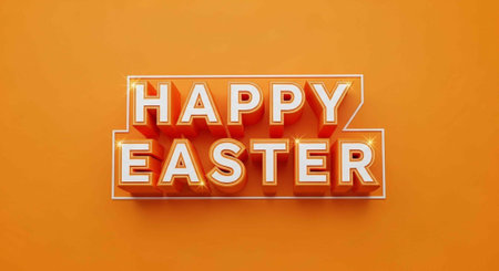 A bright orange background featuring 3D Happy Easter text in white with red and yellow accents.