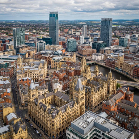 Aerial view of a city with a mix of historic buildings and modern skyscrapers, featuring a river and bridge, under a cloudy sky.の写真素材