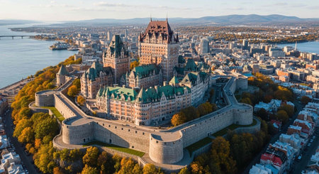 Aerial view of Chateau Frontenac, a large castle-like hotel, surrounded by stone walls and autumn trees, with Quebec City's skyline and a body of water in the background.の写真素材