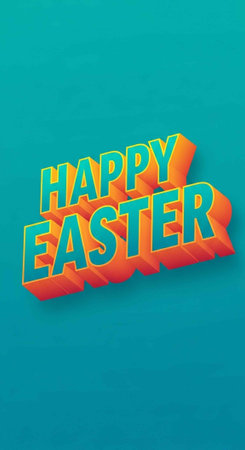 Vibrant 3D text HAPPY EASTER in teal and orange hues on a solid teal background, perfect for Easter...