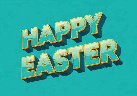 A vibrant 3D HAPPY EASTER message in teal and yellow on a solid teal background, perfect for Easter...
