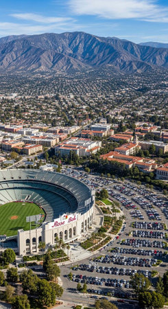 Aerial view of a baseball stadium in a city with mountains in the background