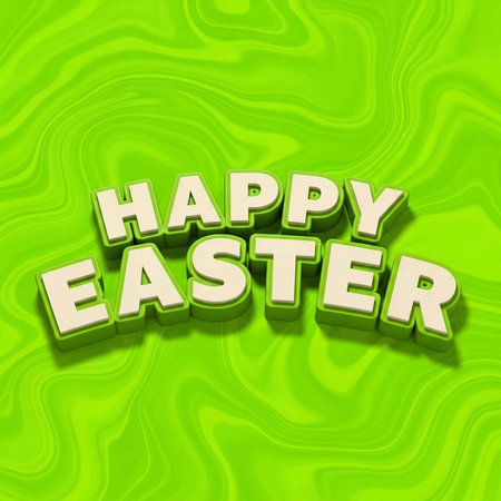 A bright green abstract background with swirling patterns features 3D white text that reads HAPPY...