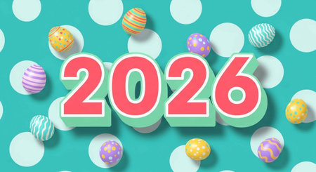 A colorful Easter-themed graphic with the year 2026 and decorated eggs on a polka dot background