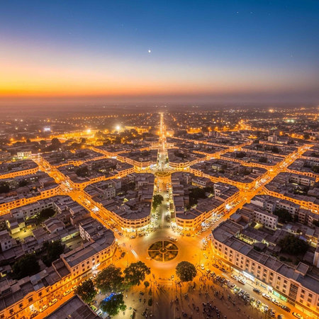 Aerial view of a vibrant city at sunset with a large illuminated squareの写真素材