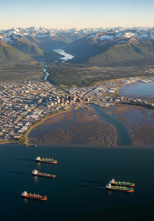 Aerial view of a city surrounded by snow-capped mountains, with a river flowing through it and...