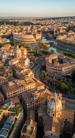 Aerial view of Rome, showcasing ancient buildings, a river, and a cityscape with a mix of old and new structures under a clear sky.の写真素材