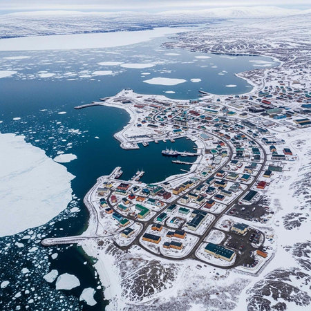 Aerial view of a snowy coastal town with colorful buildings, roads, and docks, surrounded by ice floes in the ocean and snow-covered land.の写真素材