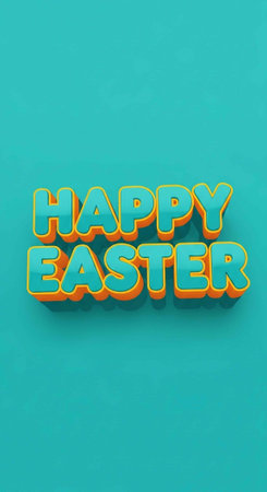Vibrant 3D text HAPPY EASTER in teal with orange outline on a solid teal background, casting a...