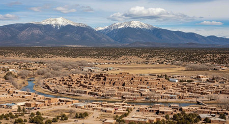 A desert town with adobe buildings and a winding river, surrounded by mountains with snow-capped peaks under a blue sky with clouds.の写真素材