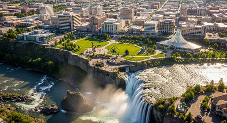 Aerial view of a city with a large waterfall and a park in the foregroundの写真素材