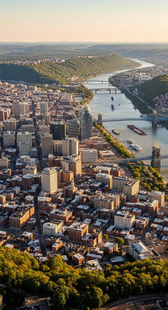 Aerial view of a city with a river flowing through it, featuring several bridges, boats, and a mix...