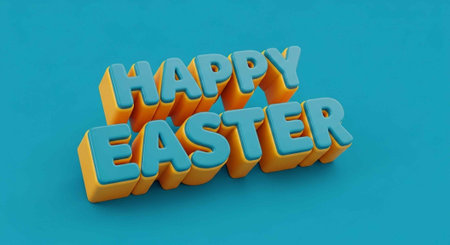 3D rendered Happy Easter text in blue and yellow on a solid blue backgroundの写真素材