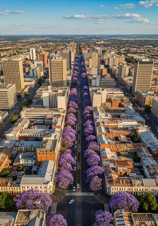 Aerial view of a city street lined with vibrant purple trees, modern buildings, and a few cars, set against a backdrop of a blue sky with scattered clouds.の写真素材