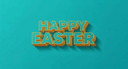 A vibrant 3D "HAPPY EASTER" message in blue and orange letters on a solid teal background, casting a subtle shadow for depth.の写真素材