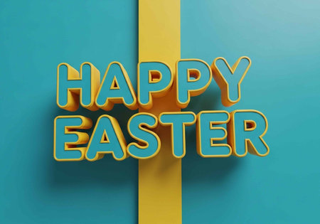 A colorful Easter greeting with a yellow stripe on a blue background