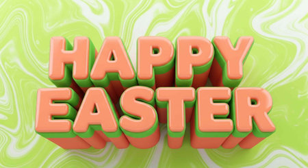 Colorful Easter greeting with 3D peach text on a bright green and white marbled background.の写真素材