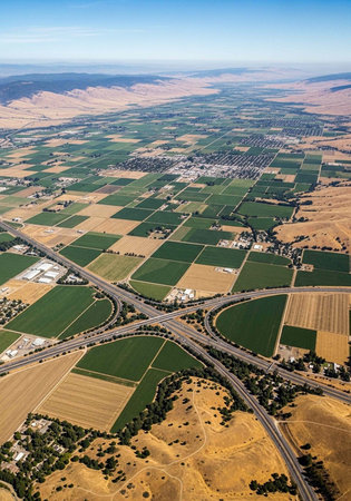 Aerial photograph of a rural area with patchwork fields, highways, and trees under a clear blue sky.