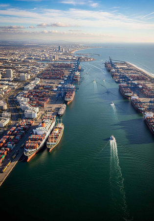 Aerial view of a bustling harbor with cargo ships and cityscape in the backgroundの写真素材