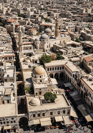 Aerial view of a historic Middle Eastern city with ancient architecture and domed buildings