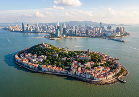 Aerial view of a coastal city with a small island, modern skyline, and calm watersの写真素材