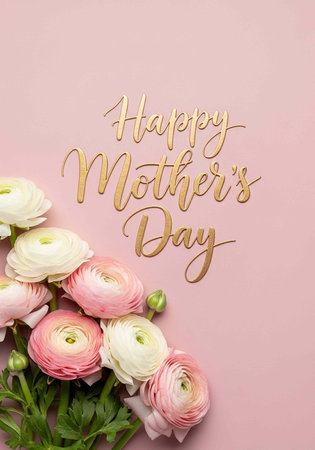A beautiful Happy Mother's Day card with flowers and gold lettering on pink backgroundの写真素材